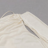 APRICOT SHOULDER RUCHED SATIN DRESS