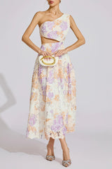 kimberley Yellow One-Shoulder floral print cutout Maxi Dress