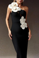 black heloise Flowers Slit One Shoulder Bandage Maxi Dress