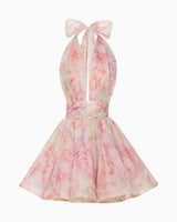 murray floral print halter backless mini dress - pink