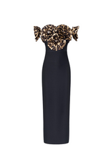 3d flower leopard pattern bandage maxi dress in black