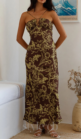 print satin maxi dress in brown