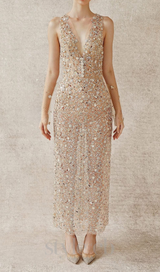 sleeveless flower Embroidery midi dress in beige