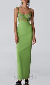 GREEN BEADING BANDAGE MIDI DRESS