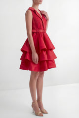 jessica Red V-neck Tiered Ruffle Mini Dress