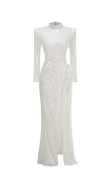 YVETTE PEARL EMBELLISHED SEQUIN MAXI DRESS IN WHITE