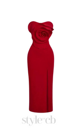 michelle 3d flower strapless midi dress in red