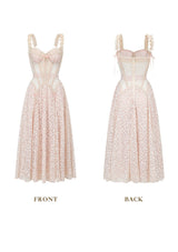 aurora lace floral embroidery midi dress in nude