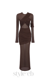 long sleeve mesh insert draped maxi dress