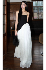Black white contrast tube top irregular maxi dress