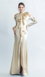 RAE CHAMPAGNE ONE-SHOULDER RUFFLE EMBELLISHED MAXI DRESS