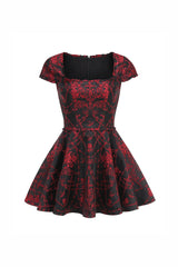 square neck jacquard mini dress in Black Red