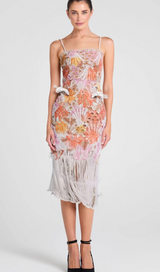 MULTICOLOR EMBROIDERED HOLLOW FRINGE MIDI DRESS