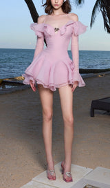 RUFFLED HALTER MINI DRESS IN PINK