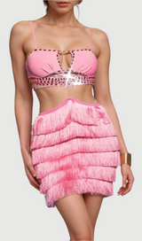 PINK RHINESTONE CUTOUT FRINGE DRESS