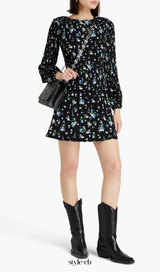 Floral-print plissé-crepe mini dress