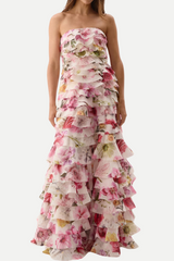 yetta Strapless Floral Printed Layered Maxi Dress
