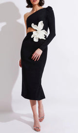FLOWER APPLIQUE ONE SHOULDER MIDI DRESS  IN BLACK