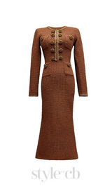 amelia braided-edge tweed midi dress in brown