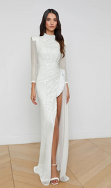YVETTE PEARL EMBELLISHED SEQUIN MAXI DRESS IN WHITE