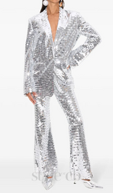 sequin-embellished trousers blazer set in silver