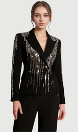 andrea Faidra Rhinestone Double Breasted Lapel Blazer in black