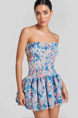 BLUE FLORAL RUCHED STRAPLESS MINI DRESS