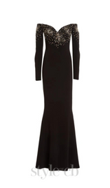 crystal embellished off-shoulder gown in black