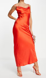 embellished satin cami maxi dress in burnt orange