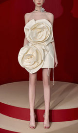 BEIGE FLOWER STRAPLESS BIND MINI DRESS