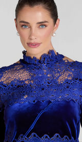 HOLLOW PATCHWORK VELVET DRESS IN BLUE