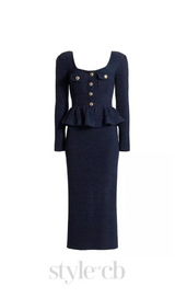 knit peplum maxi dress in dark blue