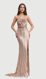 Apricot Mermaid Strapless Sequined Split maxi Dress