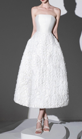 WHITE FLORAL EMBELLISHED STRAPLESS MIDI DRESS