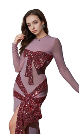 arlene Zachary Long Sleeve Bow Sequin Dress