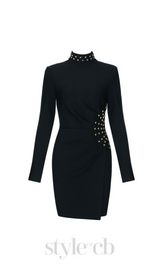 Metal embellished pleated black mini dress