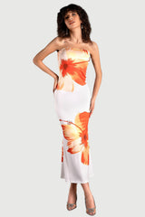 SARRIDES STRAPLESS PRINT MIDI DRESS