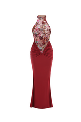 tracy sequin embroidery halter maxi dress in red
