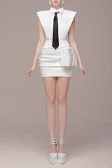 White Bowknot Mini Dress With Necktie