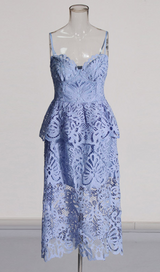 EVELYN CUT OUT LACE LAYERING MIDI DRESS IN BLUE