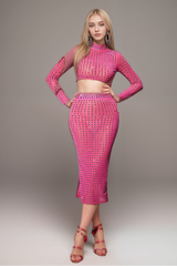 EMBELLISHED SPLIT MESH SKIRT SET IN HOT PINK