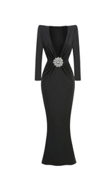 BERNICE LONG SLEEVE DRAPED EMBELLISHED MAXI DRESS IN BLACK