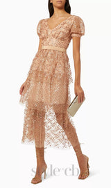 V NECK SEQUIN TIERED MIDI DRESS