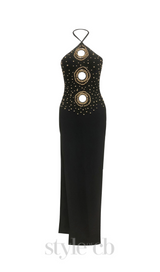 embellished cut out halter maxi dress in black
