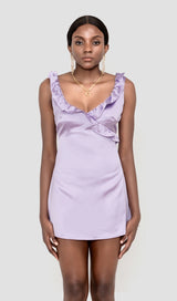 SATIN RUFFLE MINI DRESS IN PURPLE