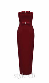 demi bow strapless midi dress in merlot
