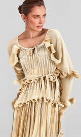 Ellie neutrals gilded ruffled midi dress