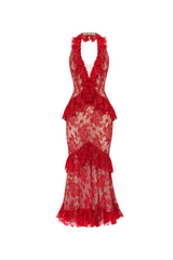caitlin Lace Halter Ruffle Midi Dress in red
