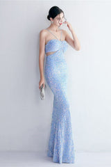 MARIAN BLUE CUTOUT SEQUINS HALTER MAXI DRESS