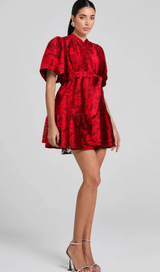 AthÉnaÏs red jacquard semi-sheer mini dress